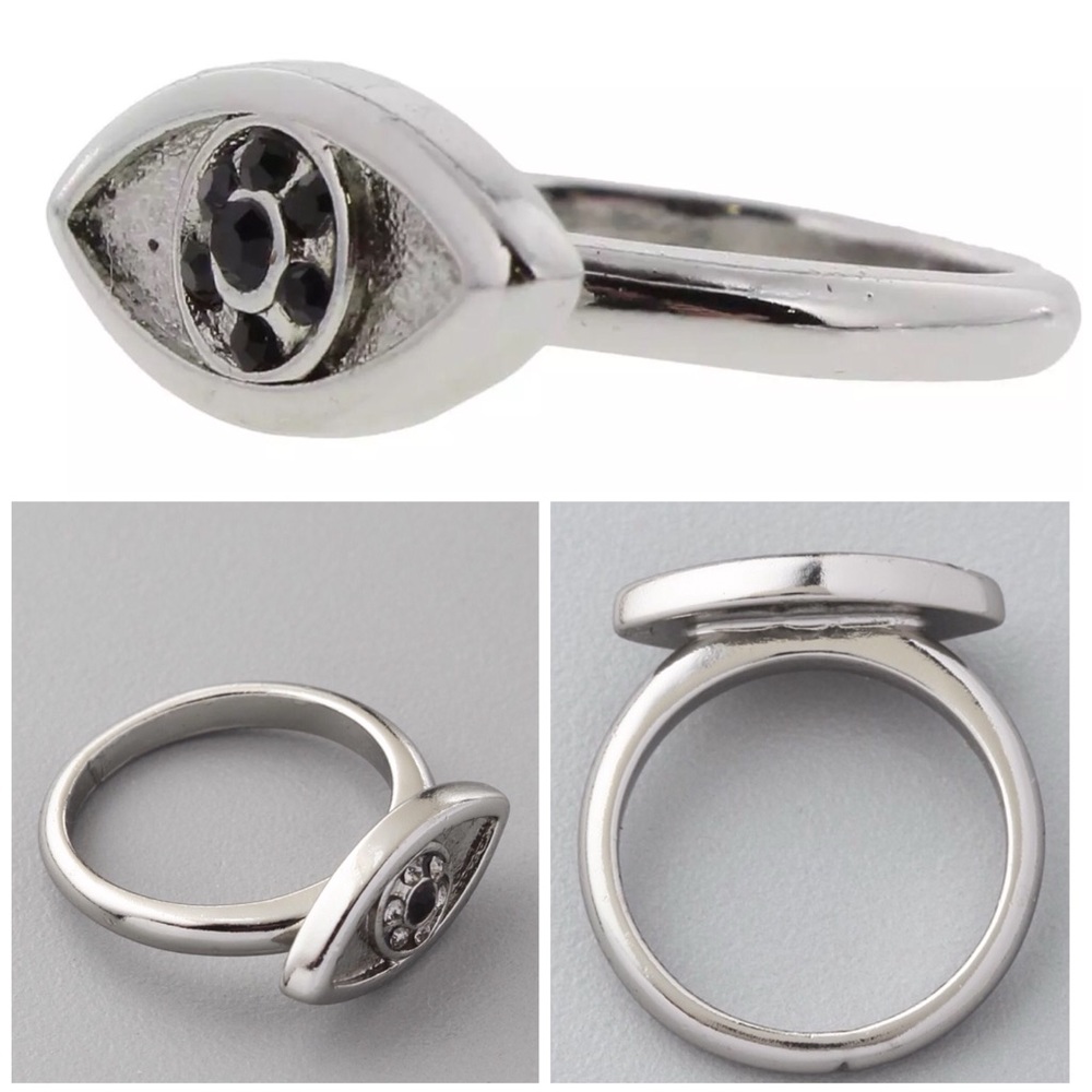 HOUSE of HARLOW NWT Silver Plated Pavé Crystal Evil Eye Fashion Ring - Picture 2 of 3